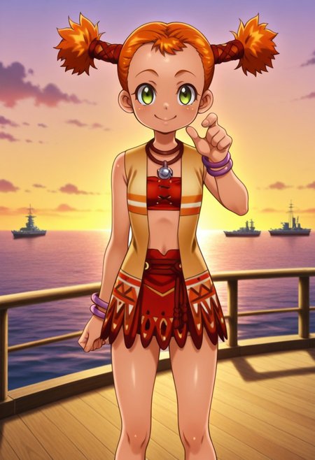 anime screencap, anime coloring,anime, best quality, 4k,
1girl, solo, ccmel, short twintails, hair ornament, sleeveless jacket, necklace, bandeau, bracelet, <lora:illustriousXL CC Mel V1:1>
outdoors, port, ocean, ships,
looking at viewer, smile , thick legs,