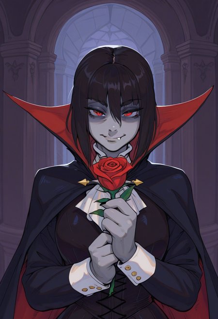 r3110style,   masterpiece, best quality, solo,                                                                                                                               female, vampire, black hair, fang, vampire clothing, grey skin, detailed translyvania interior background, , holding rose,