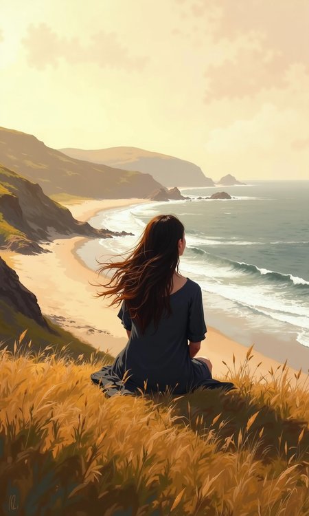 Full outdoor shot of a woman sitting in tall grass near a coastline at sunset. 
The woman is seated facing away from the viewer, positioned on a grassy hill overlooking a beach and ocean. Her long, dark brown hair is flowing in the breeze. She wears a dark gray or black dress that appears loose-fitting. 
The grassy hill is a light brownish-yellow color, and the grass appears tall and somewhat dry. 
The ocean is a light grayish-blue, and waves are visible, with some whitecaps near the shore.  The coastline features a light tan and beige-colored beach area, and the land slopes up to the hill where the woman sits.
The hills beyond the beach are a muted yellowish-green and brown, sloping gently towards the horizon.
The sky is a soft pastel mix of peach, orange, and light yellow-gray colors, indicative of a sunset or sunrise. The light appears warm and diffused, casting a gentle glow on the scene. The overall impression is one of tranquility and serenity, with the focus on the woman's solitary contemplation of the vast landscape.
<lora:FLUX-daubrez-DB4RZ-v2:1> DB4RZ, DB4RZ style painting