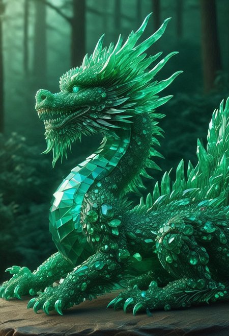 emeraldmorph, a small dragon, sharp edges, detailed, good composition, 3d sculpture, high detail, glowing against a forest background