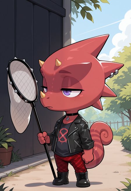 masterpiece,best quality,amazing quality, 1boy, solo, fl1ck, reptile boy, red skin,black choker, silver earrings, black shirt, black jacket, red plaid pants, black boots, purple eyes, half closed eyes, striped tail, chibi, holding butterfly net, outdoors,