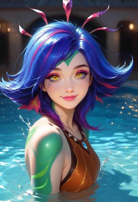 solo, realistic, best quality, photorealistic, masterpiece, 8k, high res, solo, extremely detailed face, (professional lighting, bokeh), (light particles, lens flare, glowing particles:0.6), (dynamic pose:1.2), soft lighting, fashionable and trendy atmosphere, japan, tokyo, (swimming pool), school, ((daytime)), sky, ((looking at the viewer:1)), (looking at the camera),(portrait:0.6), cowboy shot, gorgeous, swimming, keep original facial proportion, wide shoulder, full body, (medium breast), (medium hair), floating hair, lips, lipstick, seductive smile, floating hair, smile, closed mouth, eyelashes, mature body, water splashing, neeko, multicolored hair, colored skin, facial mark, forehead mark, hair ornament, half-closed eyes, eyeshadow, eyelashes, eyeliner, makeup, young face, adult, full body, kneelengthmizugi
