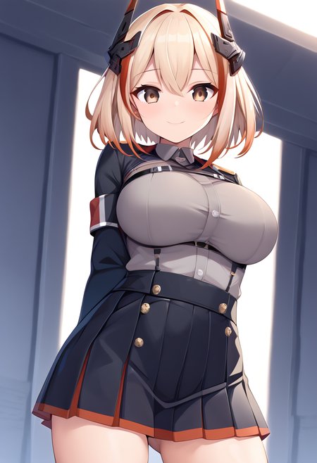 score_9, score_8_up, score_7_up, score_6_up, score_5_up, score_4_up, source_anime, 
BREAK,
1girl, solo, standing, looking at viewer, smile, arms behind back, 
 <lora:roon_azurlane_ponyXL:1> roon \(azur lane\), blonde hair, red hair, multicolored hair, short hair, brown eyes, headgear, large breasts, grey shirt, black jacket, pleated skirt, army uniform,