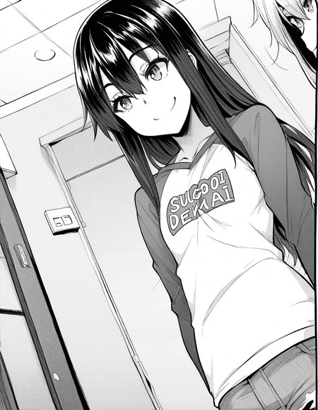 score_9, score_8_up, score_7_up, source_anime, sakiyoshida, <lora:saki-yoshida-manga-ponyxl-lora-nochekaiser:1>, saki yoshida, long hair, hair between eyes, monochrome, greyscale, black hair,, <lora:sugoi-dekai-ponyxl-lora-nochekaiser:1>, sugoi dekai, clothes writing, raglan sleeves, t-shirt, denim, denim skirt,, indoors, smile, smug,, cowboy shot, dutch angle,