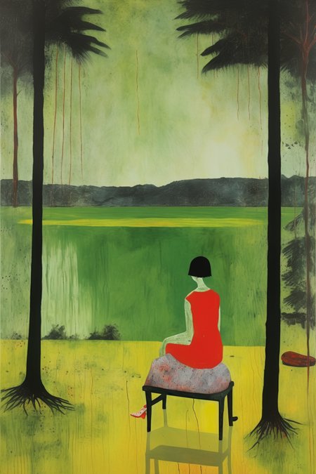 <lora:Peter Doig Style:1>Peter Doig Style - A landscape painting in the style of Peter Doig, including a seated woman with a large chest and red lips