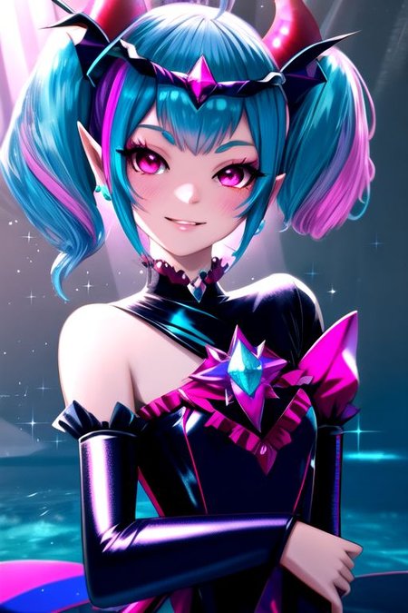 DarkPrecure, Bad_End_Precure, Corrupt_Girl, professional image of a cute young woman, (frilly elegant glossy dark holographic dress, crescent brooch, crescent earrings, crescent accessories:1.2),
(blue water dragon horns, blue water dragon tail:1.3), (short hair, side ponytail, hair above cheeks, light blue hair with light pink hairtips, gradient hair, multicolored hair:1.4), red eyes, (small breasts, cute face, pointy ears, evil laugh, evil eyes, corrupted:1.1), (sparkles, sparkling clothes, sparkles near eyes:1.2),
(intricate aquatic background, underwater, sparkling water, ocean floor, corral reef, bubbles:1.2), 
(ultra wide angle shot, cinematic style, absurdres, incredibly absurdres, huge filesize, extremely detailed, High quality texture, physically-based rendering, Ray tracing, octane render, sharp focus, (8k), (4k), (Masterpiece), (Best Quality), extremely detailed, intricate, hyper detailed, illustration, soft lighting, high resolution, sharp detail)