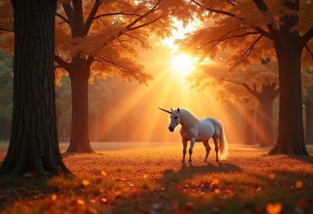 An enchanting high fantasy golden hour with a sun that casts a warm, honey-colored light over a forest filled with magical creatures. The trees are alive with color, and the ground is covered in a blanket of fallen leaves. A unicorn can be seen grazing in a meadow, basking in the sun's glow.