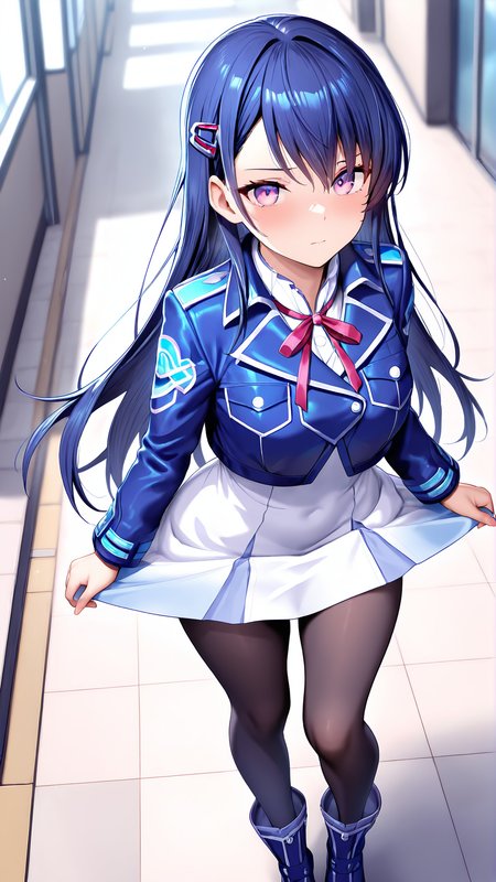 amazing quality,absurdres,best quality,masterpiece,highres,newest,detailed,detailed body,detailed face,masterpiece,best quality,solo,
ãã­ã¢,1girl,solo,long blue hair,purple eyes,dress,hair ornament,ribbon,black pantyhose,blue boots,blue long-sleeved jacket,
<lora:ãã­ã¢:0.8>,