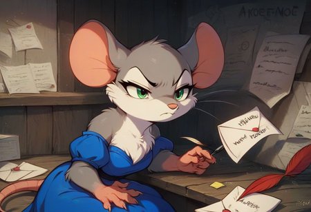 score_9, score_8_up, score_8, solo, (fluffy:0.8), (feral), indoors, furry, (((mouse))), female, green eyes, (gray fur:1.2), chest, claws, (fluffy cheeks:0.7), (blue dress), (solo:2), sitting behind counter, annoyed expression, (writing a letter, quill pen), upper body shot, cute, j_cartoon