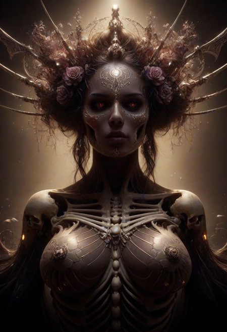 Intricately detailed skeleton succubus, Long voluminous hair, large perky breasts, Vibrant dark color scheme,  beautiful masterpiece, digital art, dark fantasy, best quality, ultra detailed, hires, 8k uhd, radiant cinematic lighting