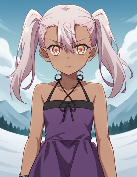 score_9, score_8_up, score_7_up, source_anime, <lora:chloe-von-einzbern-prisma-s2s3-ponyxl-lora-nochekaiser:1>,, chloe von einzbern, long hair, hair between eyes, yellow eyes, pink hair, dark skin, dark-skinned female,, twintails, dress, bare shoulders, collarbone, bracelet, halterneck, purple dress,, snow day, winter clothes, snowball fight, laughter, cold breath, white landscape, , looking at viewer, hand resting on chin, solo,, cowboy shot, dutch angle