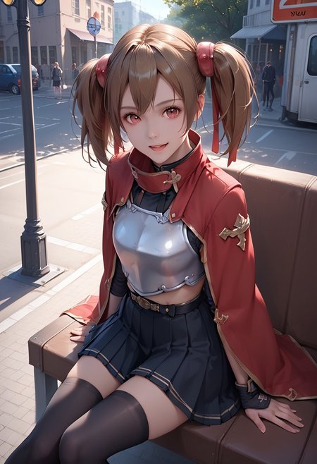 score_9, score_8_up, score_7_up, 1girl, silica, solo, skirt, brown hair, open mouth, red eyes, thighhighs, breastplate, twintails, white background, black skirt, pleated skirt, armor, smile, ribbon, skirt, thighhighs, breastplate, black skirt, pleated skirt, armor,, black thighhighs, rminiskirt, bus stop, public place nighttime vibrant lighting, street lights, high contrast, dramatic shadows, highly detailed, detailed skin, depth of field, tilted angle, moody lighting, exy pose,professional lighting, perfect quality, high quality, photorealistic, sitting, (((supermodel))),((goddess))