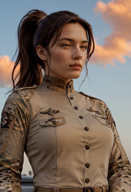 score_9, score_8_up, score_7_up, score_6_up, score_5_up, detailed, female, (20 yr old), petite, (brown hair), expressiveh, (high ponytail), beautiful hair, brown eyes, big breasts, g4multicamuniform, see_through top from below, dominant, light blue sky, orange clouds, jet formation at the sky, <lora:t0sh14XLP:0.7> <lora:G4MulticamUniform:0.7>