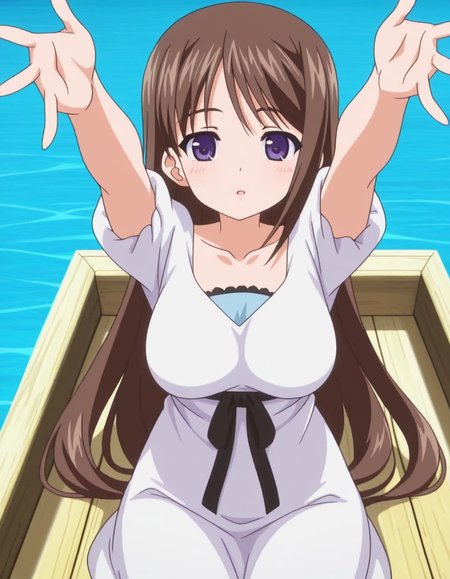 masterpiece, best quality, amazing quality,, <lora:marina-akizuki-ova-illustriousxl-lora-nochekaiser:1>, marina akizuki, long hair, brown hair, purple eyes, mature female, breasts, anime screencap, dress, ribbon, collarbone, short sleeves, white dress,, on back, arm support, arms up, incoming hug, pov, reaching, reaching towards viewer,, jetty, water, boats, dock, narrow, cowboy shot, solo, looking at viewer