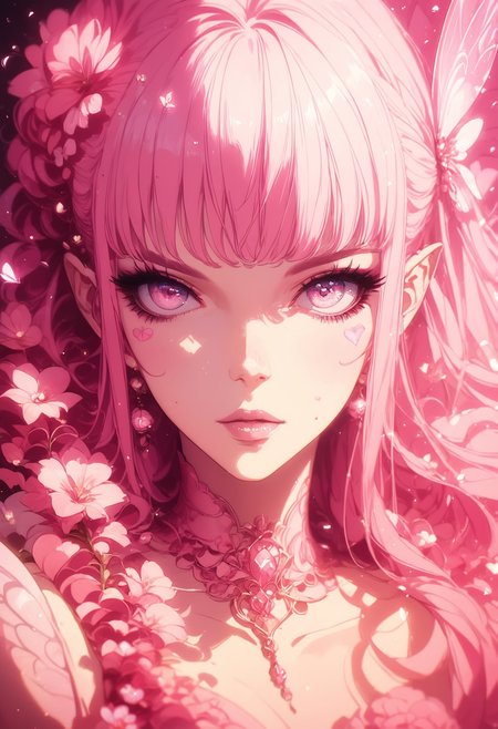 score_9, score_8_up, score_7_up, score_6_up, source_anime, 1girl, pink fairy, cotton candy, pink flowers, fairy wings, pink theme, pink hair, pink eyes, pink lighting, ripples, light particles, sunbeam, lens flare, dust particles, BREAK, dutch angle, upper body, portrait, looking at viewer, front view, BREAK, detailed shading, depth of field, macro effect, macro lens