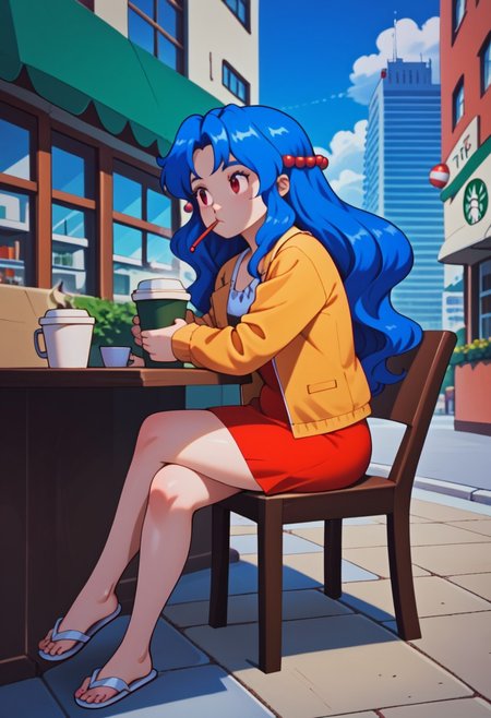 ((coffee shop background)),score_9, score_8_up, score_7_up,score_6_up, 1girl, Solo, full body, 
<lora:PMSensationalSisters_epoch_10:0.8> 
PMViolet, blue hair, long hair, wavy hair, hair bobbles, red eyes, orange jacket, red short dress, white flip-flops, 
holding, coffee cup, crossed legs, sitting, on chair, blowing, outdoors, cafe, day, sunbeam, city, table,