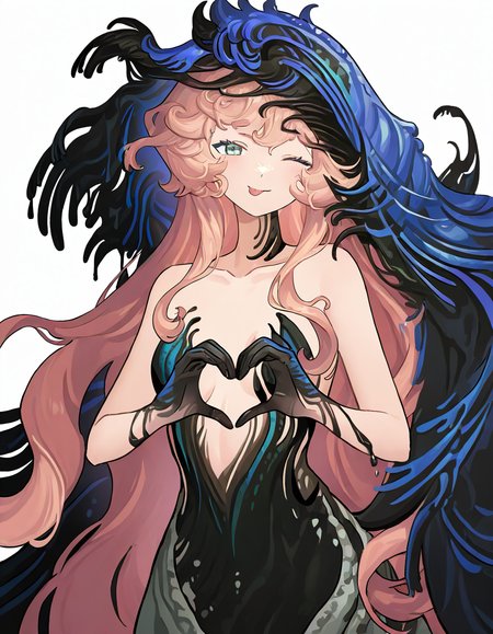 1girl,solo,simple background,white background,looking at viewer,cowboy shot,heart hands,one eye closed,<lora:nautika-000014:1>,nautika,monster girl,strapless dress,smile,tongue out,, masterpiece, best quality, very aesthetic, absurdres,newest, incredibly absurdres,