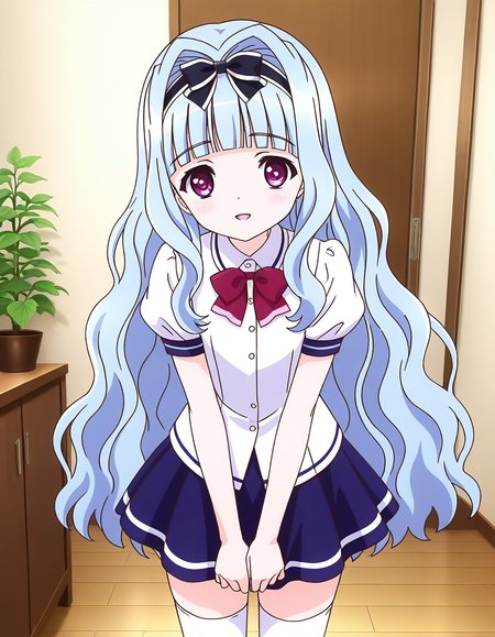 general,highres, ultra-detailed,very aesthetic,best quality ,best hands,  BREAK <lora:Watayuki_BP_IS:1>Watayuki(BP), 1girl,solo, hairband, very long hair, hair bow, purple eyes,  hair intakes, light blue hair, blunt bangs, wavy hair,
thighhighs, school uniform, skirt, white thighhighs, bow, zettai ryouiki, ribbon, blue skirt, light smile, v arms,
short sleeves, shirt, open mouth,  white shirt, puffy sleeves, looking at viewer, miniskirt,
home in the room, flooring, plant,