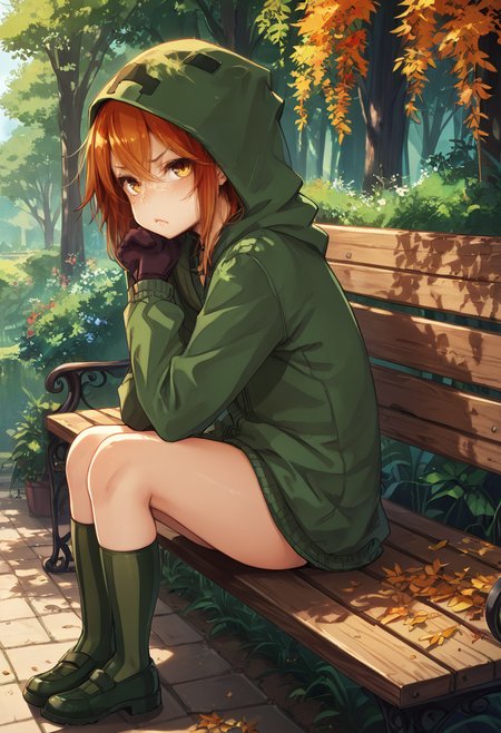 detailed face, pout, sitting, from side, bench, rating_safe, BREAK score_9, score_8_up, score_7_up, score_6_up, score_5_up, score_4_up, anime source BREAK, fsksfdaw ,<lora:cupa-umceko-000040:1>
