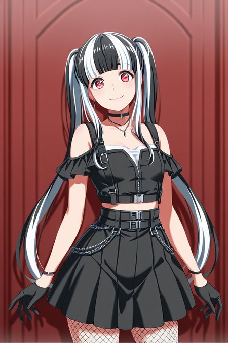 masterpiece, best quality, amazing quality,
 <lora:PAREO_IL:1> pareo, 1girl, black hair, smile, solo, gloves, multicolored hair, fishnets, long hair, black gloves, white hair, twintails, red eyes, looking at viewer, jewelry, choker, skirt, two-tone hair, onstagesk