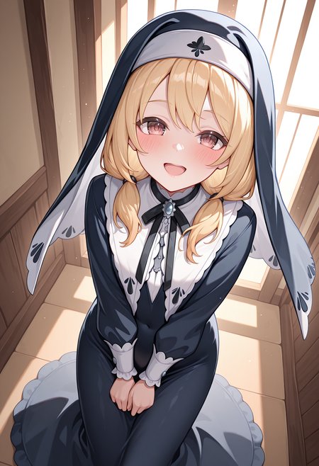 highres, best quality, masterpiece, indoors,
1girl, solo, pcrclear, blonde hair, brown eyes,
nun, low twintails, habit, long sleeves, long dress,
looking at viewer, blush, smile,
v arms, from above, open mouth, 
<lora:_clear_pcr-elesico-ilxl-000014:1>