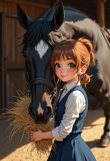 score_9, score_8_up, score_7_up, score_9_up,
high-resolution anime-style illustration with bold painterly textures, blending soft washes with crisp, dynamic details. A cute young woman, 20years-old girl, beautiful girl, ((big brown eyes)),((detailed eyes)) (cute face:1.5), (sweet face:1.5), (cute girl:1.5) with shoulder-length chestnut-brown hair tied into a high ponytail, girl is smiling, girl has friendly smile ((beautiful detailed smile)), girl is leaning on a black horse, large black Stallion with ((white mark on his forehead)), girl is holding a bunch of hay in her hands, girl is wearing short blue dress and black english riding boots, standing in a unfocused interior of barn background. A digital painting in the style of ck-js, <lora:Niji_anime_style_flux:0.8>