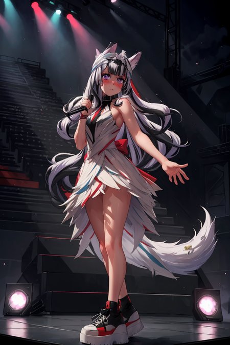masterpiece, best quality, 1girl, solo, standing, facing viewer,<lora:EPfeVeyle-07:1>, EPfeVeyle, 1girl, long hair, multicolored hair, white hair, black hair, triangles, concert, stage, stage lights, idol, evening, arm support, flight attendant, wolf ears, platform sneakers, shy, blush