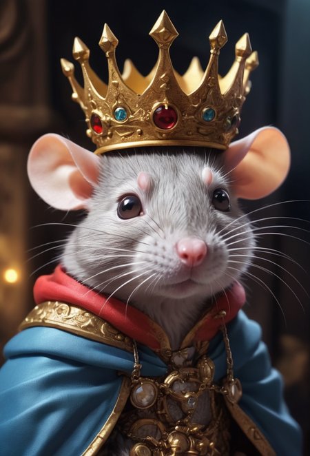 By Kamome Shirahama, fantasy cute anthropomorphic rat king in crown, kids manga, chrono trigger style, cute details, anime, cute fantasy, kawai, contrasting colors, pretty colors, dramatic lighting, portrait, intricate details, manga panel