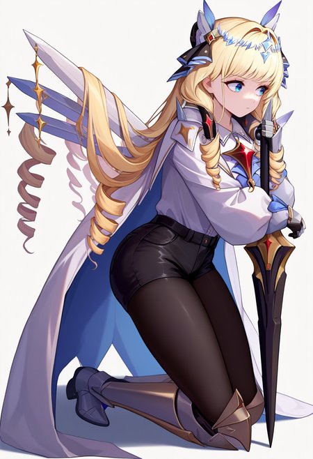 score_9, score_8_up, score_7_up, source_anime BREAK 1girl, solo, <lora:crown-nikke-richy-v1_pdxl:1> nikkecrwn, blonde hair, long hair, drill hair, tiara, hair ornament, headgear, blue eyes, white jacket, white shirt, brooch, center frills, black shorts, high-waist shorts, gloves, wings, armored boots, fishnet pantyhose, kneeling, <lora:nikke-style-poses-richy-v1_pdxl:0.8> looking away, nikkecrouching, full body, simple background, white background, holding polearm, lance, polearm, huge weapon