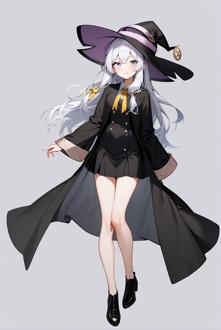 witch hat dress shirt black skirt black robe yellow ribbon, mm-elaina, ahoge, 1girl, solo, skinny, masterpiece, absurdres, high quality, highres, best quality, (full body:1.20), recent <lora:mm-elaina-V02-000003:0.6>