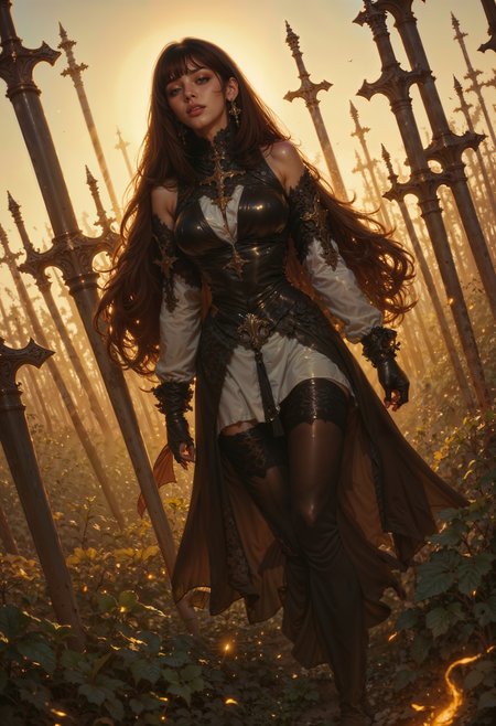 a fantasy-style digital artwork featuring a woman with long, flowing black hair and fair skin, walking through a field of upright swords. She wears an elegant, flowing gown with intricate detailing on the shoulders and bodice, giving her a regal appearance. The swords are evenly spaced, with ornate hilts and blades that glow with a warm, golden light, casting an ethereal glow across the scene. The background is softly blurred, enhancing the mystical atmosphere. The lighting is dramatic, with the setting sun casting long shadows and highlighting the woman's serene expression as she moves gracefully through the surreal landscape.
