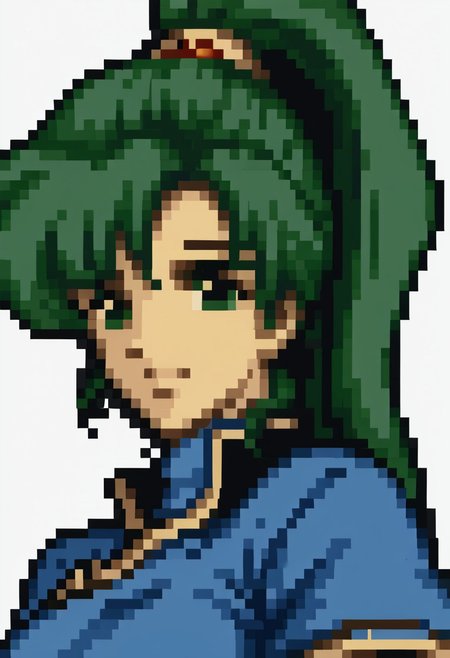 score_9, score_8_up, score_7_up, source_anime, 1girl, solo, smile,
<lora:zs_FE4PortraitsXL:1> fe4portraits, portrait, pixel art, white background
,<lora:lyn-pdxl-nvwls-v1-000005:1> defLyn, green hair, high ponytail, blue dress, big breasts