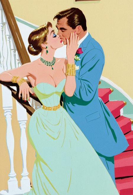 <lora:Whitmore-SDXL:1> 1boy, 1girl massive breasts, formal,  jewelry, kiss, solo, wh1tm0r3, dress, viewing through staircase bannisters, traditional media, illustration