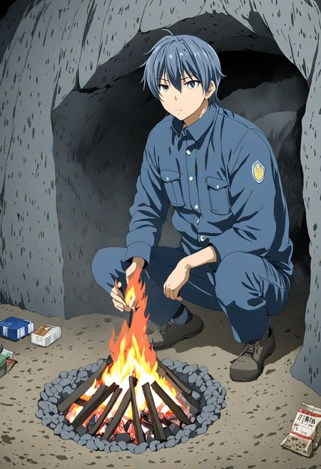 high resolution, solo, best quality, 1Boy, Tomoya Okazaki, Grey Blue Hair, cave, bunker, field Ration, bonfire, OverallDetail