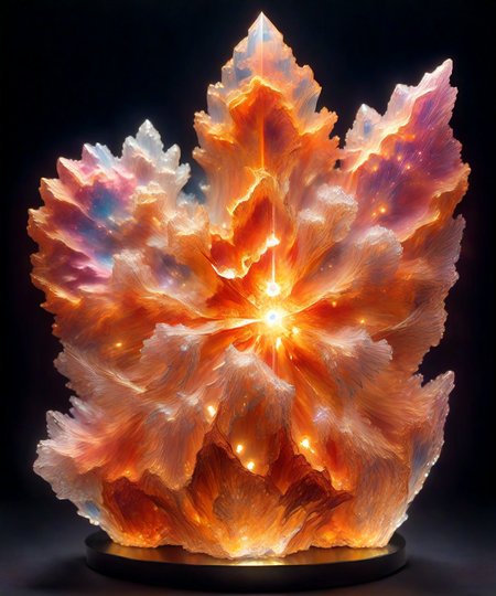 (Masterpiece, Best Quality, realistic, 4k, Highres:1.2), statue transparency crystal,an statue of orange emission nebula made entirely of crystal crystal facets, (crystal with facets), shiny, glass, on top of a table