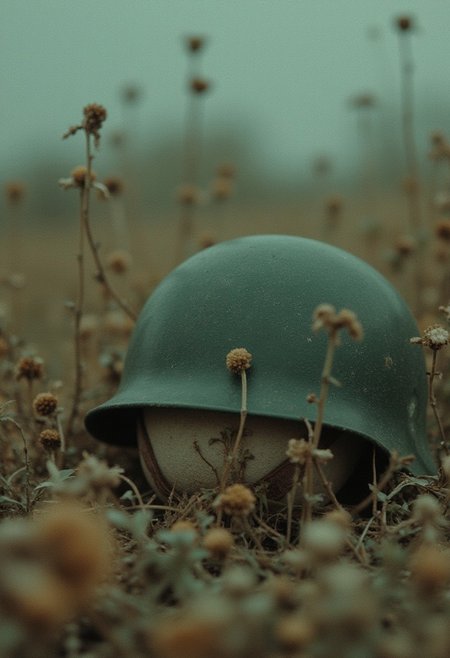 "An artsy still of a soldier’s helmet abandoned in a field of wilted flowers, shot on expired film, dreamy cyan and magenta tones bleeding together, a faint tank tread mark cutting through, candid and unrefined." cinematic_1940s cinematic_octane