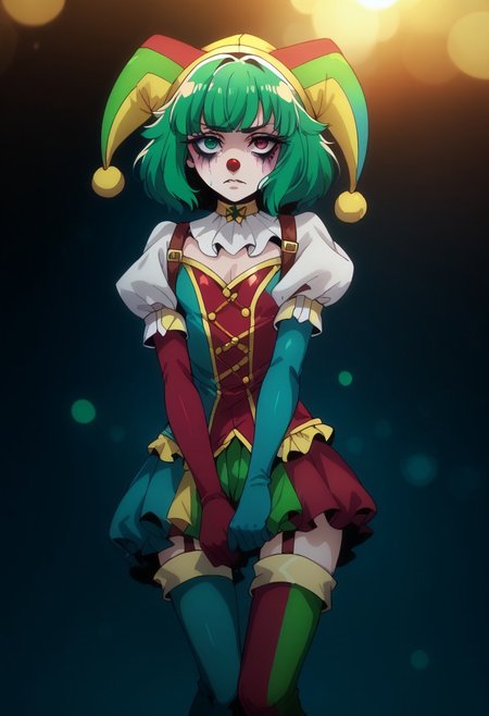 score_9, score_8_up, score_7_up, score_6_up, 1girl, bokeh, Heterochromia, red eye, green eye, c1rcus, clown, red and green hair, multicolored hair, thigh highs, gloves, gothic makeup, striped, jester cap, c1rcusstyl3, gomg-style