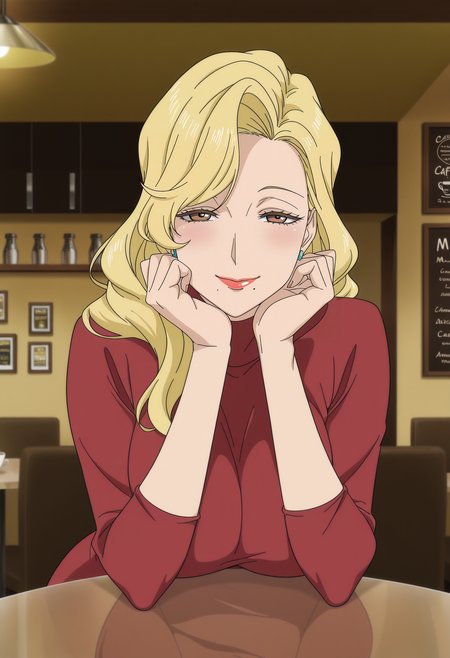 1girl,solo,mm,mature female,blonde hair,brown eyes,mole under mouth,long hair,earrings,large breasts,lipstick,anime coloring,
turtleneck,red dress,table,pov across table,elbows on table,head rest, looking at viewer, blush,smile,cafe
,masterpiece,best quality,amazing quality,<lora:Marisa_Hyoudou-Ballroom_e_Youkoso_ix:0.8>