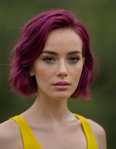 realistic skin texture, freckles, hasselblad H5D-50c, realistic photo of a beautiful woman with medium length magenta hair in a vintage used look yellow tank top, in the style of stefan kostic, realistic, half body shot, sharp focus, 8k high definition, insanely detailed, intricate, elegant, art by stanley lau and artgerm, extreme blur cherry blossoms background