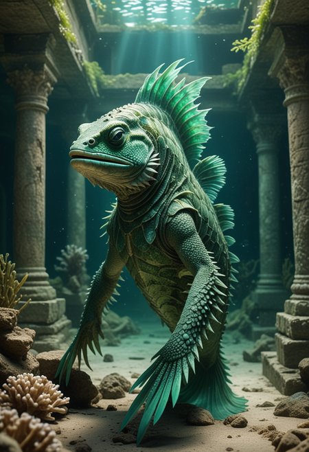 (medium full shot) of (majestic green aquatic creature) with scaly skin, armored plates, multiple fins, gills, feathered fins, iridescent skin, pearl ornaments, set in  ancient sunken ruins, with crumbling structures, overgrown corals, eerie light, hidden secrets, Masterpiece,best quality, photo, realistic, very aesthetic,