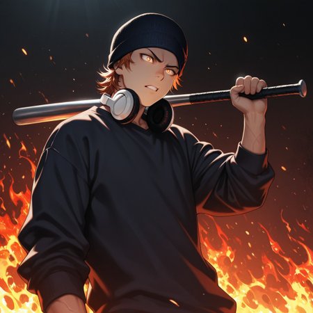 masterpiece, best quality, amazing quality, absurdres, newest, detailed background, definition so sharp, Ultra-HD, 8K cinematic, very awa, impressionate, amazing quality, highres, 
solo, male focus, manly, 
1boy, short hair, beanie, headphone around neck, misaki_orange hair, misaki_brown eyes, misakiyata, holding bat, flames \(effect\), glowing eyes, low angle, dramatic lighting, intense, passionate, dynamic, youthful strength, striking a pose, determined expression,