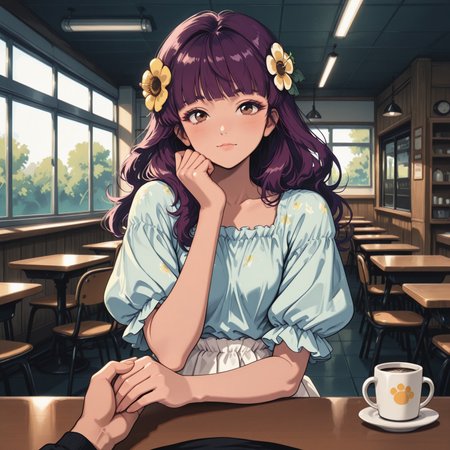 masterpiece, best quality, amazing quality, very aesthetic, absurdres, newest, 8k, BV-Illu, realistic, k3monogo, pinkretroanime, retro art,
BREAK, 
1girl, solo, long hair, looking at viewer, puffy shirt, brown eyes, upper body, purple hair, yellow flower hair ornament, blunt bangs, holding viewer's hand, pov, legs crossed, frilly white skirt, flip-flops,
BREAK, indoors, cafe, table, seat, coffee mug, daylight, window, dynamic lighting, detailed background, dramatic lighting, depth of field, volumetric lighting