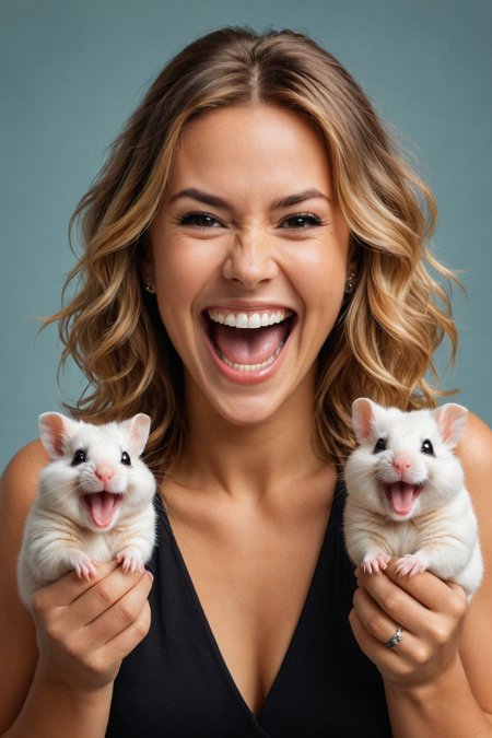 by ((( David Yarrow ) and  Phil Noto ) and  Roberto Ferri ) and  Zisis Kardianos , digital oil pastel on canvas<lora:oil_pastel:1.00> of a cinematic photo <lora:juggernaut_cinematic:1.00> of a cute happy woman holding up two cute hamsters while laughing maniacally laughter, dual wielding hamsters <lora:happy:0.25><lora:maniacal_laughter:2.25> <lora:dual_pistols:0.50> <lora:more_art:0.40><lora:faetastic:0.25><lora:midjourney:0.15>