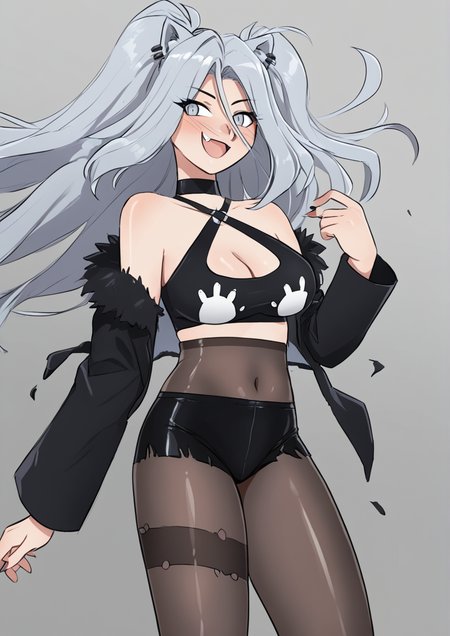 1girl, shishiro botan, shishiro botan (1st costume), huge breast, animal ear fluff, animal ears, black jacket, blush, breasts, cleavage, cropped shirt, ear piercing, fang, floating hair, fur trim, grey eyes, grey hair, halterneck, jacket, lion ears, lion girl, long hair, navel, off shoulder, open mouth, pantyhose, piercing, see-through, see-through cleavage, single leg pantyhose, smile, solo, torn clothes, torn pantyhose, two side up, <lora:the_kinky_quest:1>
