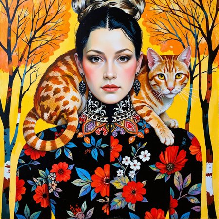 Art by Caroline Smith. A colorful, abstract painting of a woman with a cat on her shoulder, set against a vibrant yellow background with bare trees. the woman is positioned in the center of the image, wearing a black and red floral dress with a high collar and intricate patterns. her hair is styled in an elegant updo, and she has a serene expression on her face. on her shoulders, a large, orange tabby cat with yellow eyes stands guard, looking directly at the viewer. the cat is positioned slightly to the left of the woman, with its tail curled around her neck. the background features bare trees with orange and yellow hues, adding to the surreal and dreamlike atmosphere of the painting. the style is reminiscent of modern art, with bold lines and vibrant colors that create a sense of depth and dimensionality.