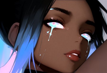 masterpiece, best quality, newest, absurdres, highres, female, iridescent hair, surreal liquid distortion, fluid-like strands flowing over face, glowing tears, abstract glitch, soft focus, blurred vision, cyberpunk elements, with the theme "dreams in liquid glitch", ethereal, hauntingly beautiful, soft light, distorted colors, delicate but intense emotion, chaotic tranquility, 69yotte4_illu, ilya kuvshinov, eye focus, close-up, detailed eyes, photorealism, photography \(artwork\), skin pores, peach fuzz, dark-skinned female, ta-illu, bamf-illu,  <lora:Beautiful_Mahogany_Style_Illu_Edition:0.85> <lora:Tomomi_Abe_Style_V1_Illu_Edition:0.77> <lora:69yottea_illu_v2:0.85>