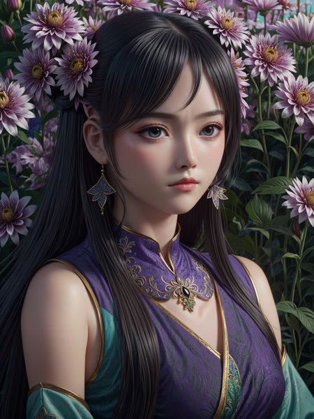 guofeng, Illustrated,1girl,black eyes,long hair,super precise depiction, (flowers),multiple colors,high definition,Rich in intricate details. 8K,illustration,crazy colors, <lora:HanXue_SDXL-000008:0.6>,