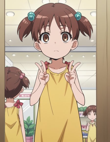 score_9, score_8_up, score_7_up, source_anime, <lora:kana-hazamaya-s1-ponyxl-lora-nochekaiser:1>, kana hazamaya, short hair, brown hair, hair ornament, twintails, brown eyes, hair bobbles, short twintails, child, anime screencap,, dress, sleeveless, yellow dress, fitting room, mirror, clothes, privacy, store, , v, v over eyes,, looking at viewer, solo,, dutch angle, cowboy shot