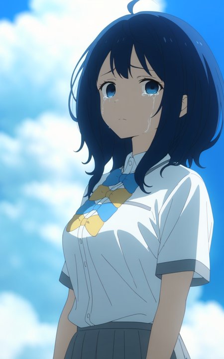 8k, best quality, masterpiece, (ultra-detailed), (high detailed skin), 
<lora:Yanami_Anna-a3-Tanger:0.8>, Yanami Anna, 1girl, blue hair, blue eyes, 
default clothes, white shirt, short sleeves, school uniform, bow, 
beautiful blue sky, cloud, standing, ( upper body:1.2), looking at viewer, tears, two eyes without god, both eyes out of focus, empty eyes,