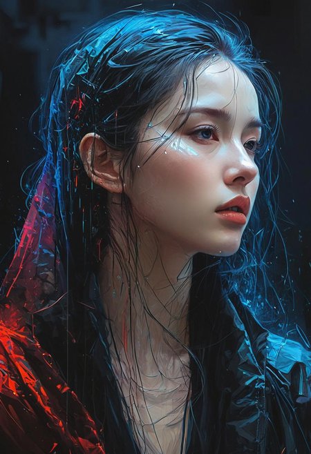elegant haired abstract beauty, approaching perfection, dynamic, pitch black, highly detailed, dark, moody, low light, lowly lit, digital painting, artstation, concept art, smooth, sharp focus, illustration, art by Carne Griffiths and Wadim Kashin, black and red colors, good shadows, back lit, hidden, obscured, (pale skin:1.6), brushed eyebrows, busty, cleavage, (prisms:1.6), (prismatic:1.5), (ghostly thin veil:1.6), prismatic, reflections, cyberpunk, (black light clothes:1.6), monolith, mirrors, mirror, monolithic, obsidian, sun circle, other worldly, (different dimensions:1.7), (mysterious:1.5), (portrait:1.7), blue bra,